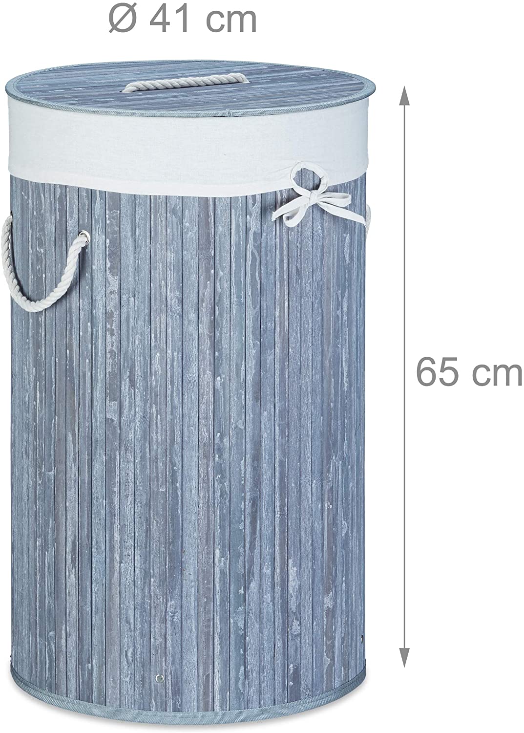 Relaxdays Πτυσσόμενο Στρόγγυλο Καλάθι Απλύτων από Μπαμπού με Καπάκι - Grey / White - 4052025961886