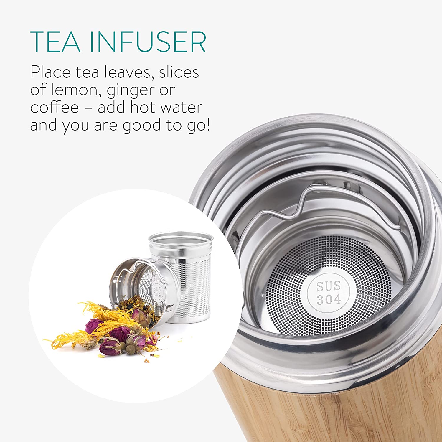 Navaris Tea Bottle Μπουκάλι Τσαγιού από Μπαμπού και Ανοξείδωτο Ατσάλι - 500ml - Mint Green - 54268.2.71