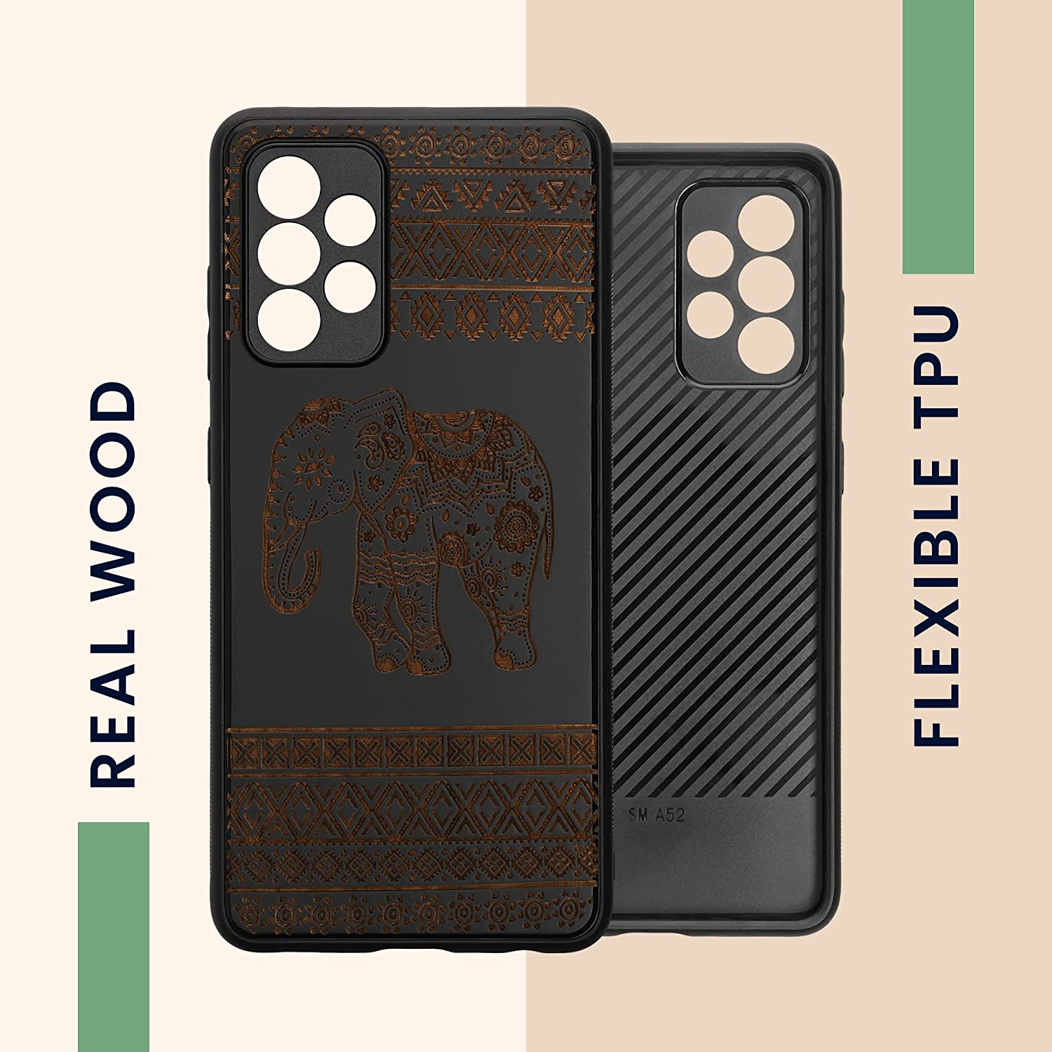 KW Samsung Galaxy A52 / A52 5G / A52s 5G Θήκη από Φυσικό Ξύλο - Design Wooden Elephant with Pattern - Light Brown / Black - 54354.10