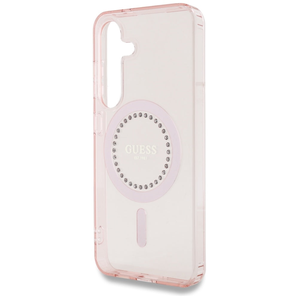 Guess Samsung Galaxy S25 - Rhinestones Printed Classic Logo - MagSafe Σκληρή Θήκη με Πλαίσιο Σιλικόνης - Pink - GUHMS25SPFTDTEP
