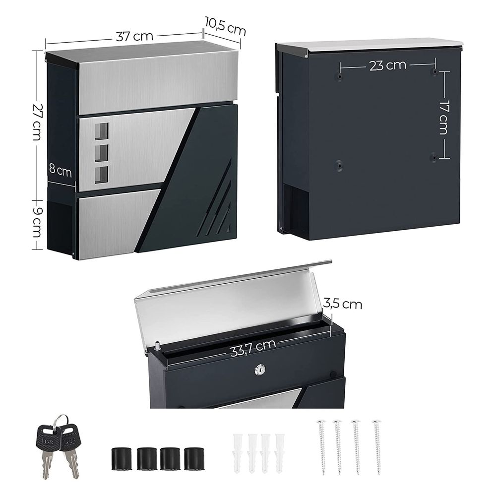Songmics Επιτοίχιο Μεταλλικό Γραμματοκιβώτιο με Κλειδαριά και Θήκη Εφημερίδων - ‎Anthracite / Silver - GMB053G01