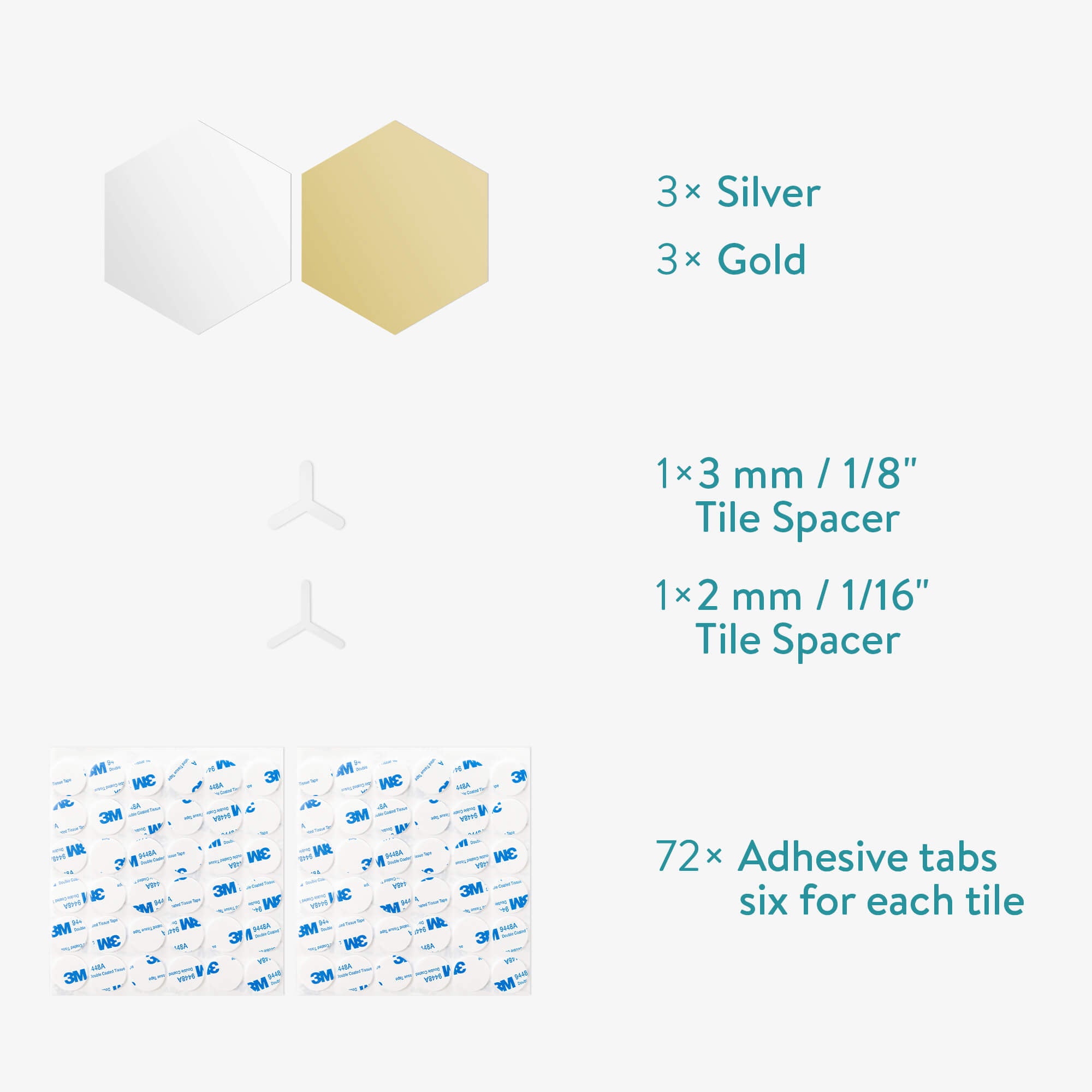 Navaris Σετ με 12 Ακρυλικά Εξάγωνα Αυτοκόλλητα Πάνελ Καθρέπτες Τοίχου - Silver / Gold - 56744.03