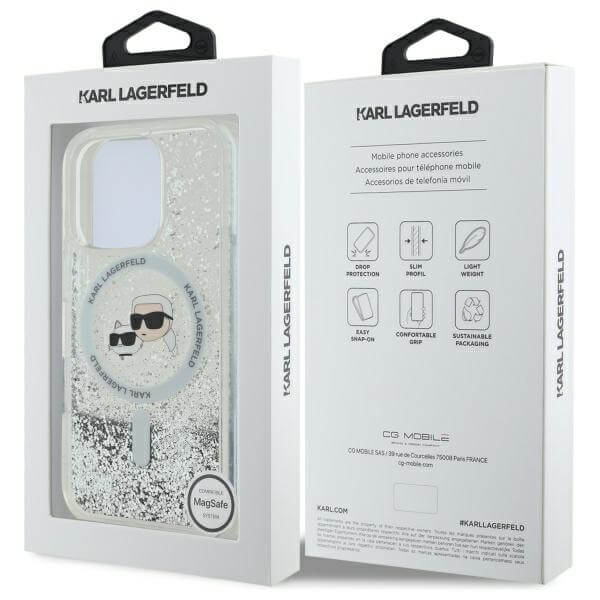 Karl Lagerfeld iPhone 16 Pro - Liquid Glitter Karl and Choupette Head MagSafe - Σκληρή Θήκη με Πλαίσιο Σιλικόνης - Διάφανη - KLHMP16LLGKCSGH