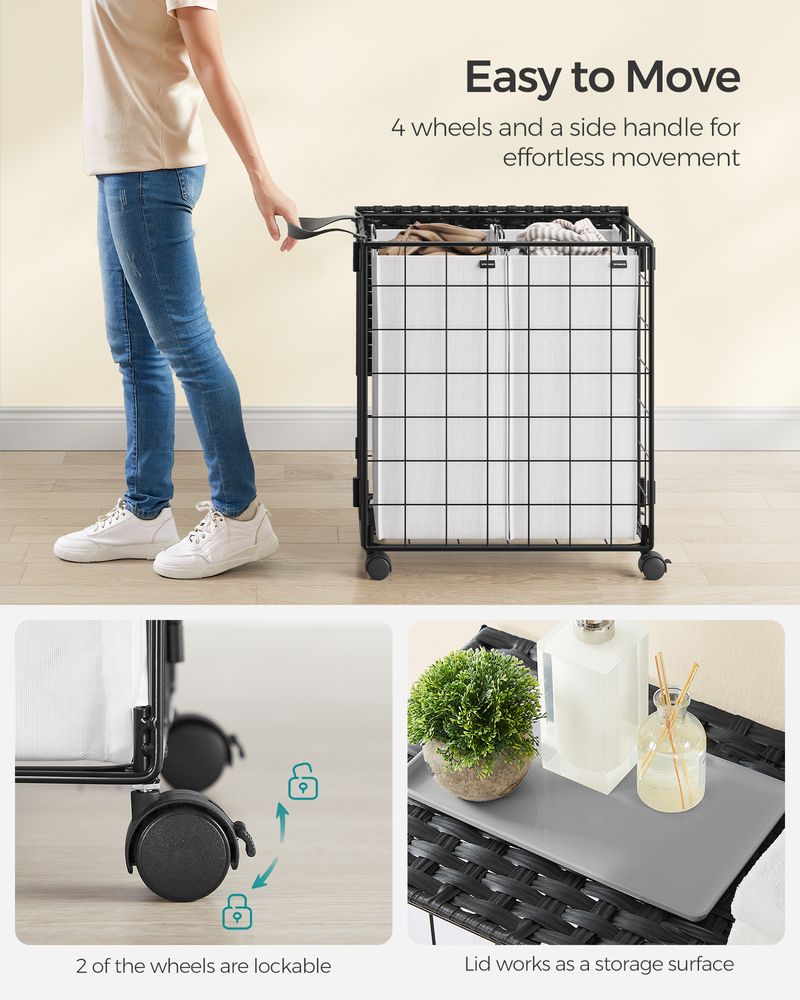 Songmics Τροχήλατο Αναδιπλούμενο Καλάθι Απλύτων με 2 Χωρίσματα και Καπάκι - 110L - Black / White - LCB211B12