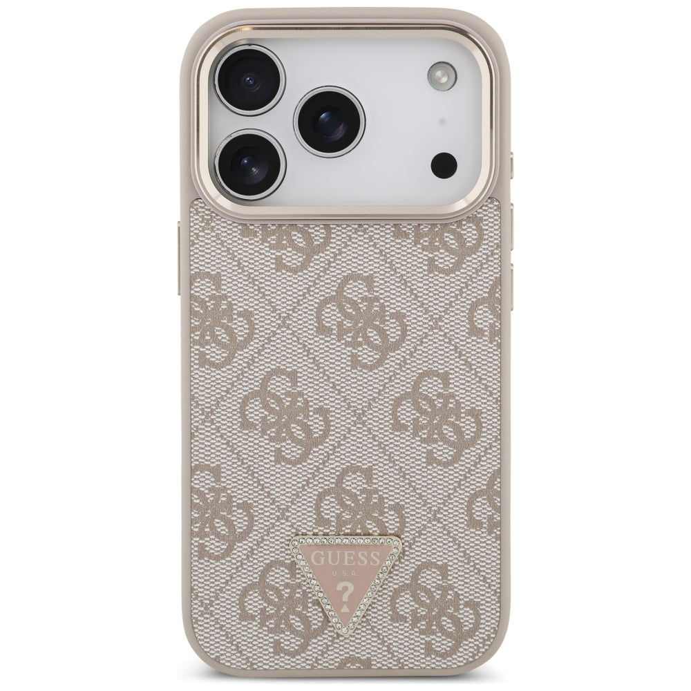 Guess iPhone 17 Pro - 4G Triangle Strass Logo MagSafe - Σκληρή Θήκη με Επένδυση Συνθετικού Δέρματος - Pink / Gold - GUHMP17LP4GTDGMP