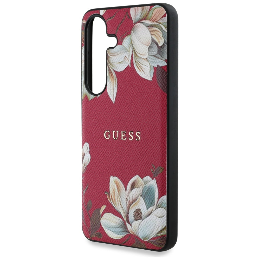 Guess Samsung Galaxy S25 - Grained Printed Flower Pattern - Θήκη με Επένδυση Συνθετικού Δέρματος και MagSafe - Fuchsia - GUHMS25SPGNMPLMF