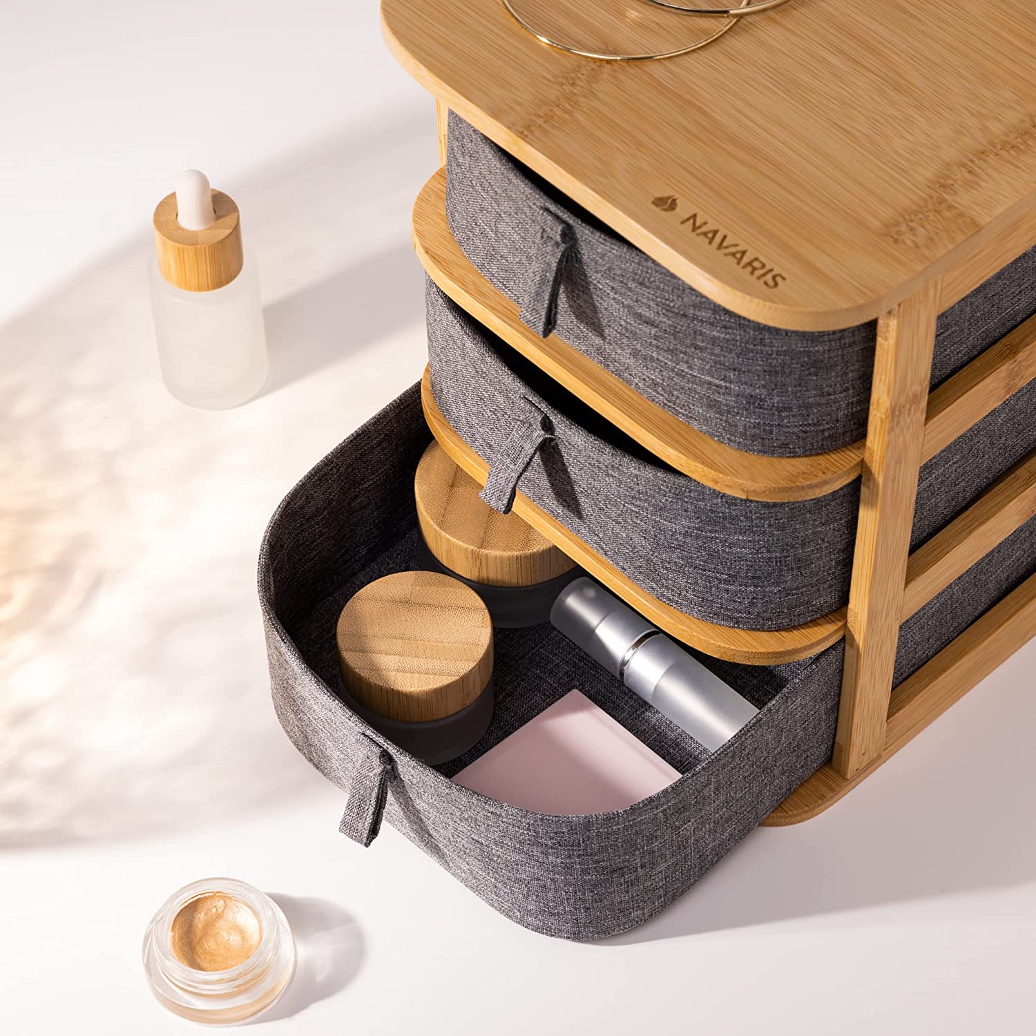 Navaris Διοργανωτής Καλλυντικών από Μπαμπού με 3 Συρτάρια - Brown / Grey - 54184.03