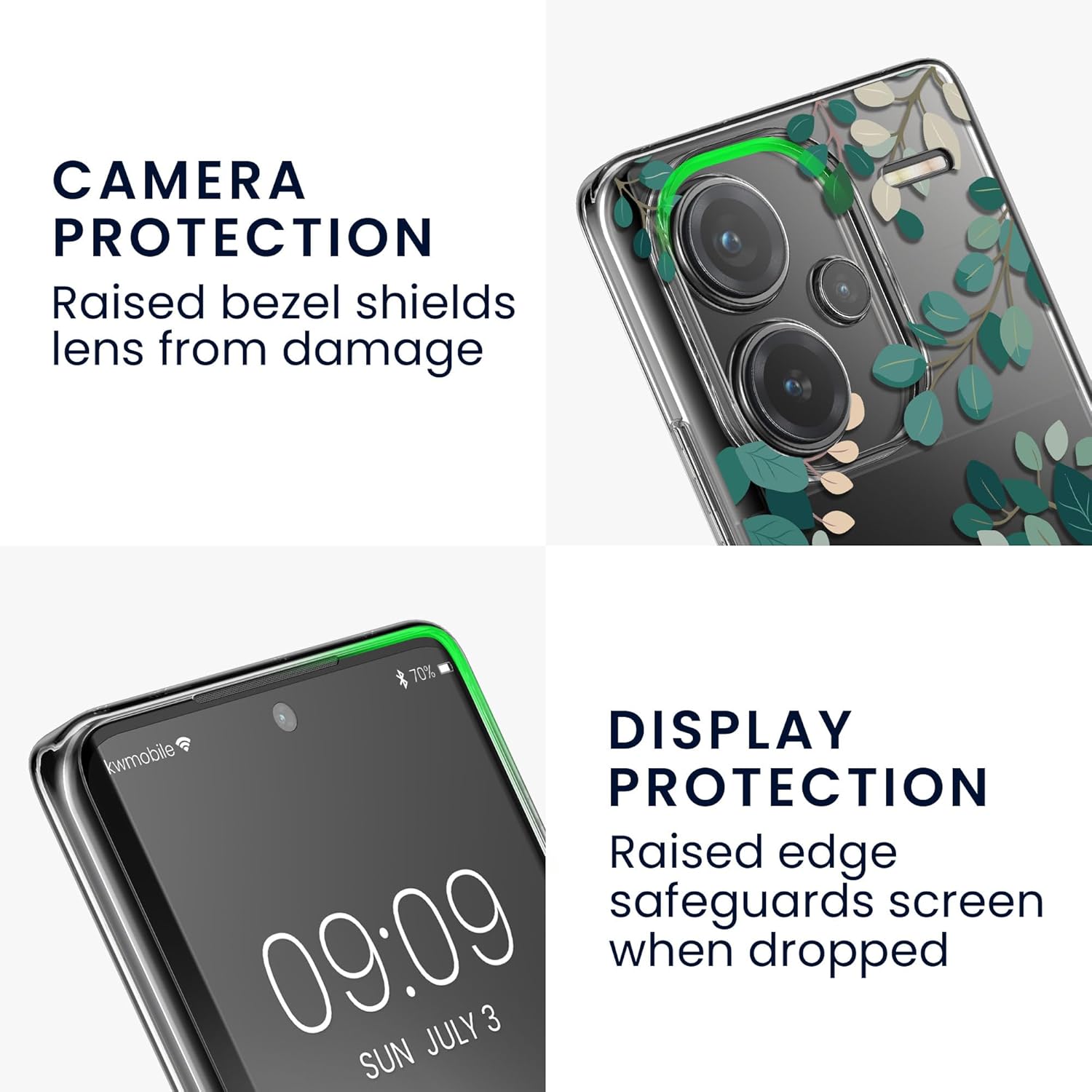 KW Xiaomi Redmi Note 13 Pro+ 5G Θήκη Σιλικόνης TPU με Αντιχαρακτικό Γυαλί - Design Spring Leaves - Green / Διάφανη