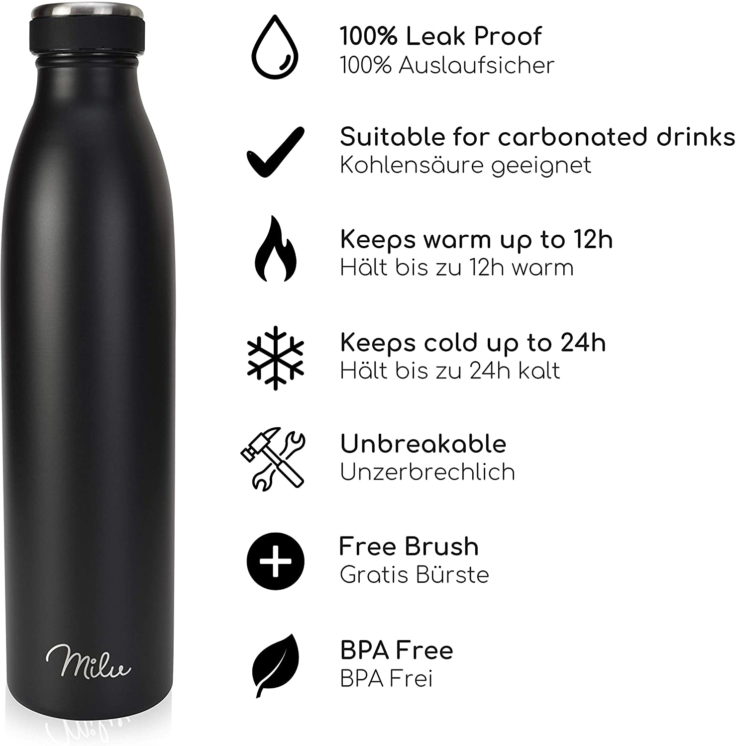 Milu T5 Stainless Steel Μπουκάλι Θερμός από Ανοξείδωτο Ατσάλι για Ζεστά και Κρύα Ροφήματα - 750ml - Black Matt - 6468