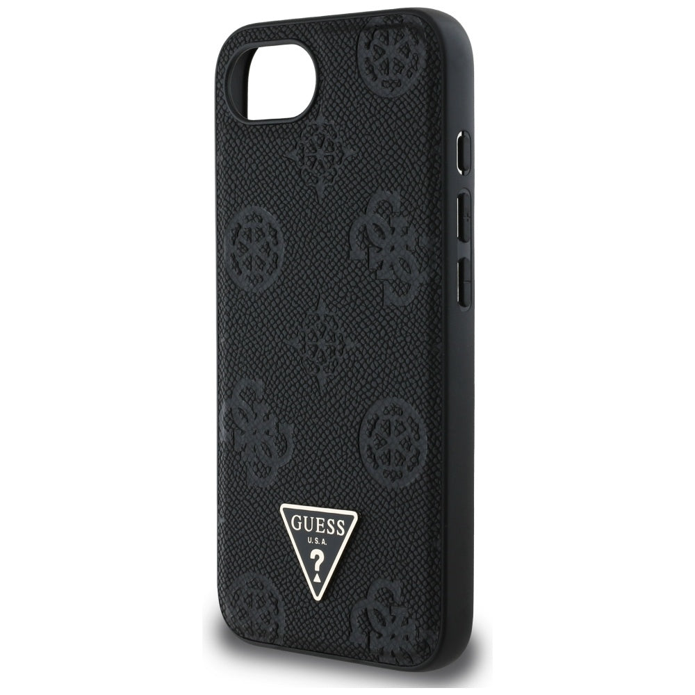 Guess iPhone 16e - Grained Hot Stamp Peony Triangle Logo - MagSafe Σκληρή Θήκη με Επένδυση Συνθετικού Δέρματος - Black - GUHMPSE4PGBTMK