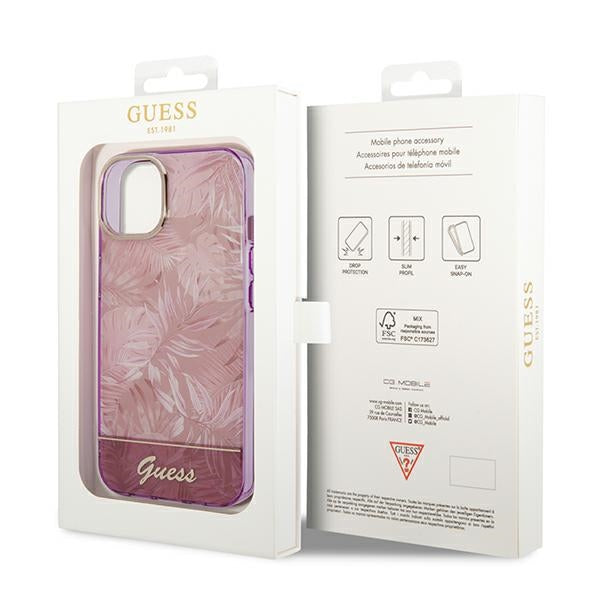 Guess iPhone 14 Plus Jungle Collection Σκληρή Θήκη με Πλαίσιο Σιλικόνης - Pink - GUHCP14MHGJGHP