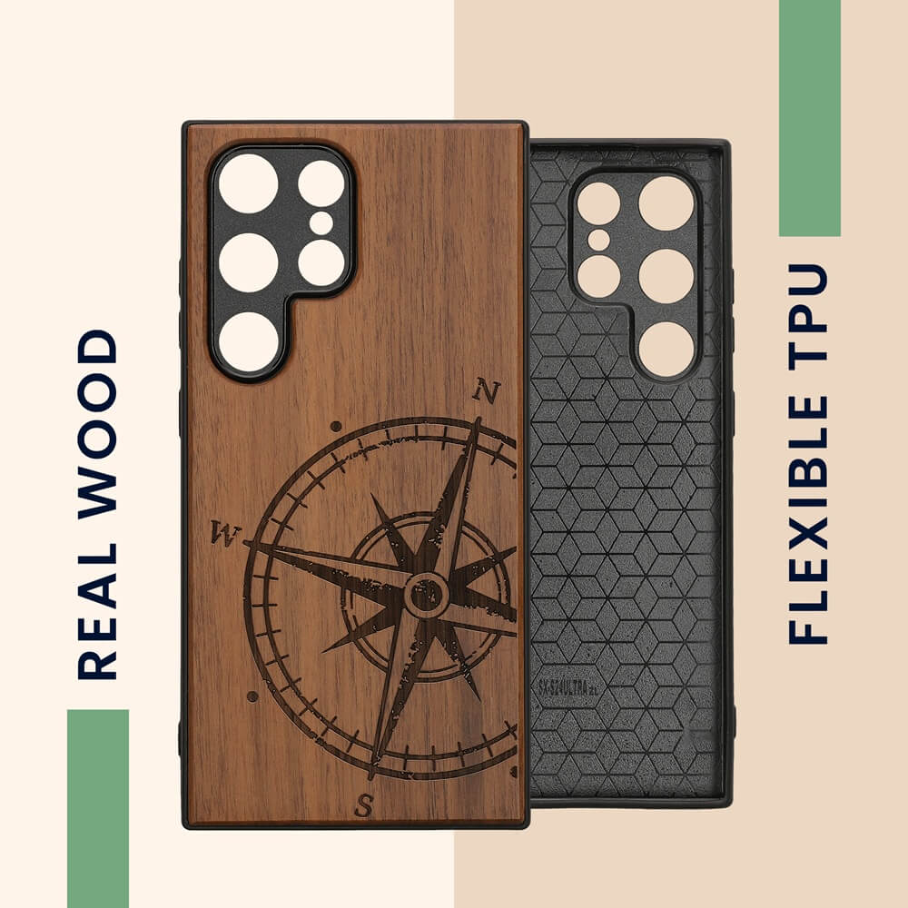 KW Samsung Galaxy S24 Ultra Θήκη από Φυσικό Ξύλο - Design Navigational Compass - Dark Brown