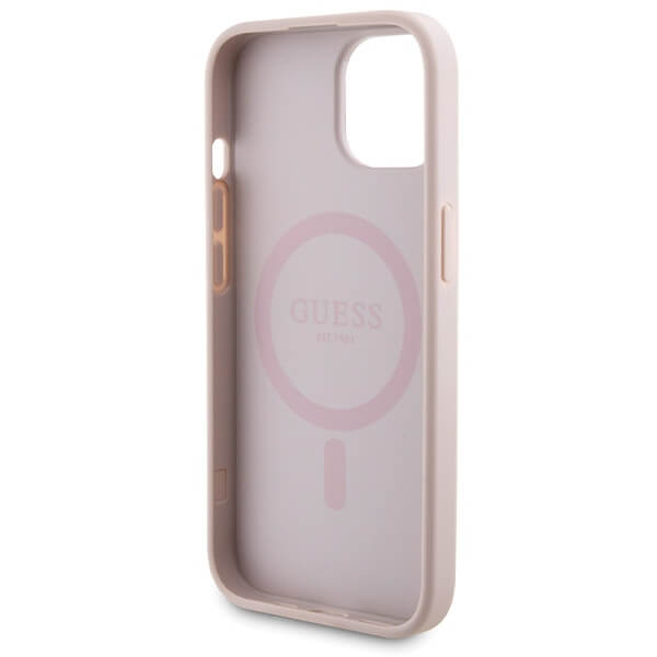 Guess iPhone 15 - 4G Metal Logo Σετ MagSafe Σκληρή Θήκη με Επένδυση Συνθετικού Δέρματος και Powerbank 5000mAh - Pink - GUBPM5P15S4GEMGP