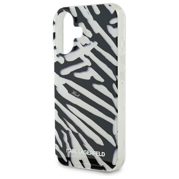 Karl Lagerfeld iPhone 16 - IML Zebra Pattern and Cord - Σκληρή Θήκη με Πλαίσιο Σιλικόνης και Λουράκι - Black - KLHCP16SHZBPKCCK