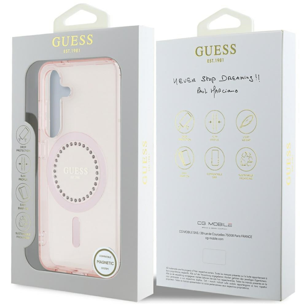Guess Samsung Galaxy S25 - Rhinestones Printed Classic Logo - MagSafe Σκληρή Θήκη με Πλαίσιο Σιλικόνης - Pink - GUHMS25SPFTDTEP