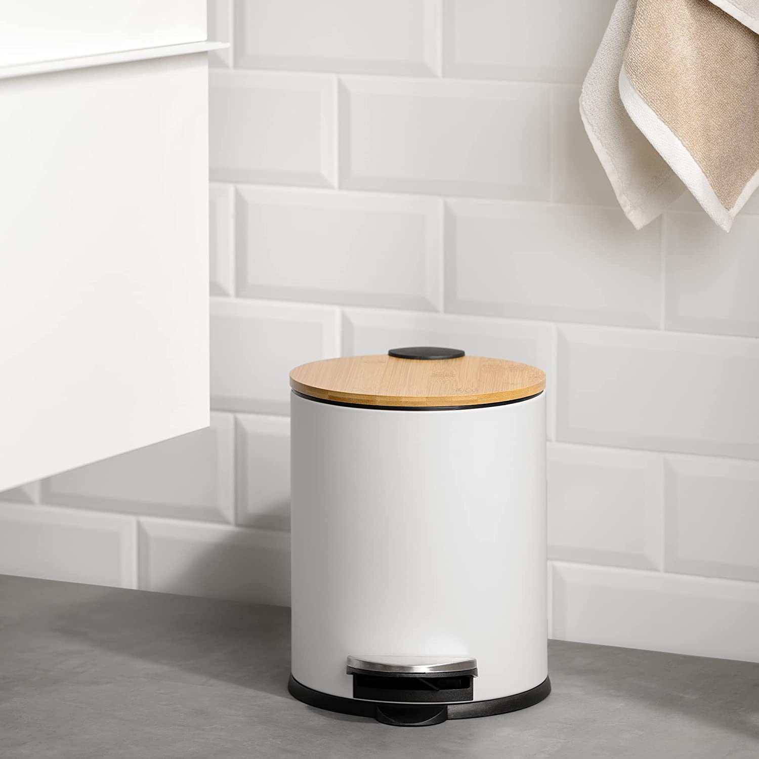 Navaris Κάδος Απορριμμάτων για το Μπάνιο με Καπάκι από Μπαμπού - 5L - White - 55244.02