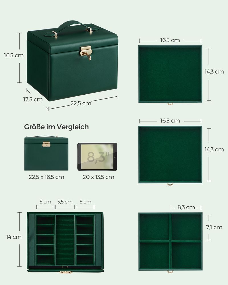 Songmics Φορητό Κουτί Αποθήκευσης Κοσμημάτων 4 Επιπέδων με Καθρέπτη και Κλειδαριά - Vintage Green - JBC159C01