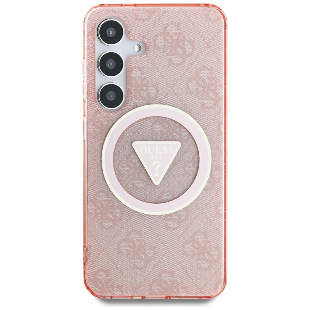 Guess Samsung Galaxy S25 Ultra - 4G Glitter Triangle Buttons - MagSafe Σκληρή Θήκη με Πλαίσιο Σιλικόνης - Pink - GUHMS25LHG4PRTGP