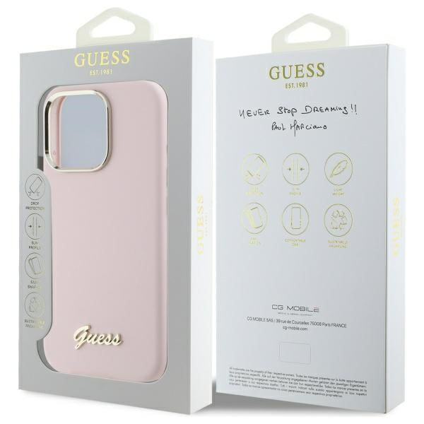 Guess iPhone 16 Pro Max Silicone Script Metal Logo and Frame Σκληρή Θήκη με Πλαίσιο Σιλικόνης - Pink - GUHCP16XSMBSLP