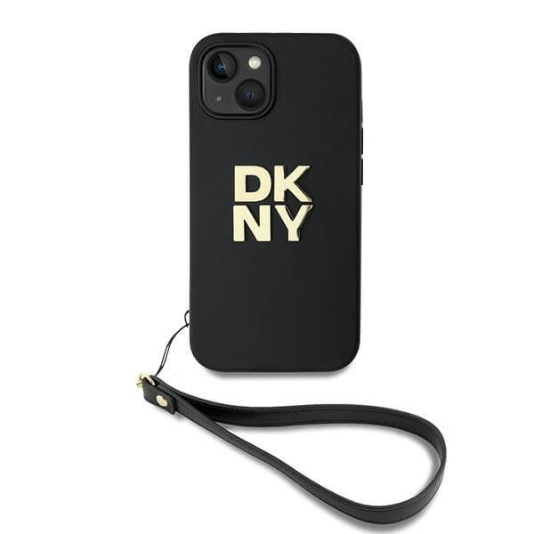 DKNY iPhone 15 Plus - Wrist Strap Stock Logo - Σκληρή Θήκη με Επένδυση Συνθετικού Δέρματος με Λουράκι - Black