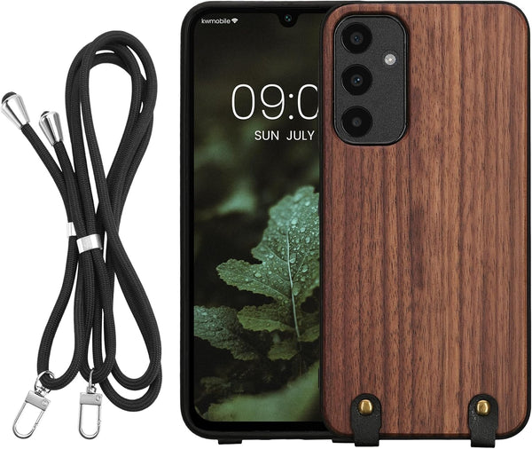 KW Samsung Galaxy A25 5G Θήκη από Φυσικό Ξύλο με Πλαίσιο Σιλικόνης και Λουράκι - Dark Brown