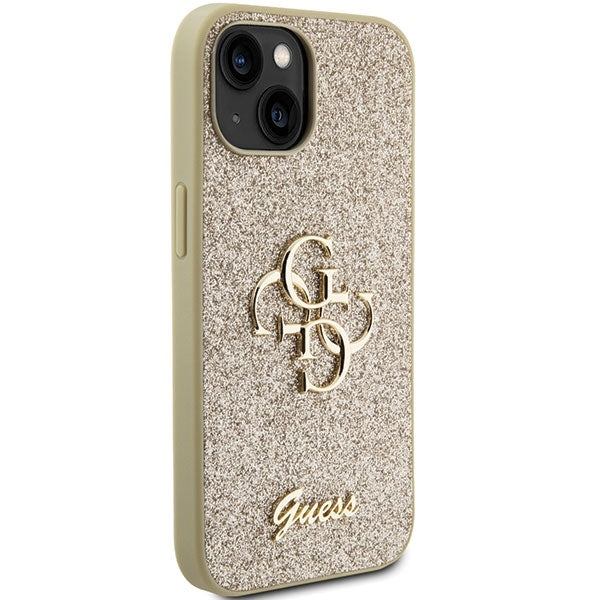 Guess iPhone 15 Plus Glitter Script Big 4G Σκληρή Θήκη με Πλαίσιο Σιλικόνης - Gold - GUHCP15MHG4SGD