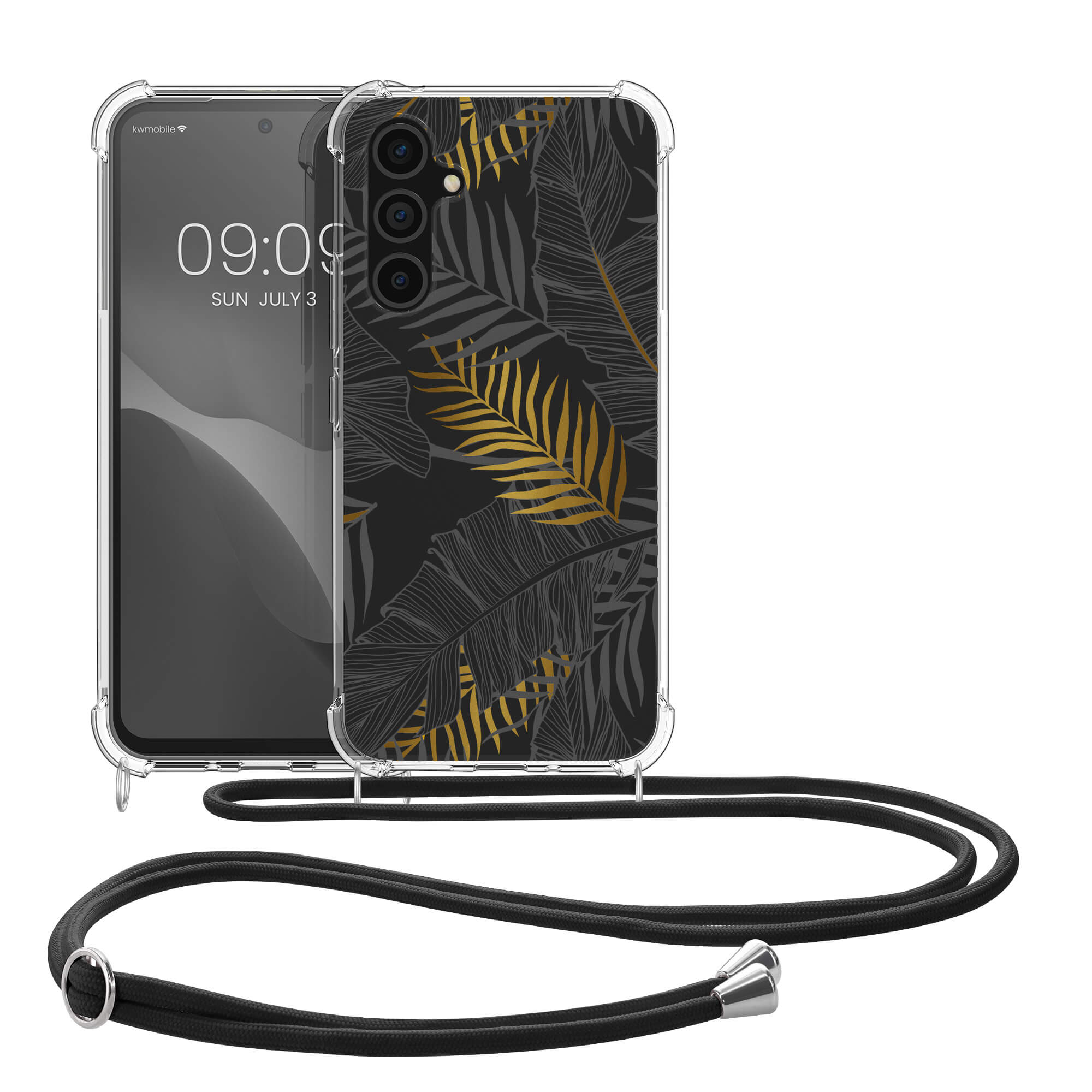 KW Samsung Galaxy A54 5G Θήκη Σιλικόνης TPU με Λουράκι Design Palm Leaves - Διάφανη / Yellow / Grey - 61334.03