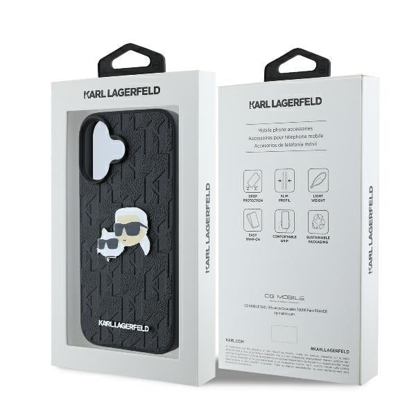 Karl Lagerfeld iPhone 16 - Monogram Karl and Choupette Head Pin Σκληρή Θήκη με Επένδυση Συνθετικού Δέρματος - Black - KLHCP16SPGKLKCPK