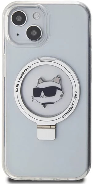 Karl Lagerfeld iPhone 15 Ring Stand Choupette Head MagSafe Σκληρή Θήκη με Πλαίσιο Σιλικόνης και MagSafe - Διάφανη / Silver - KLHMP15SHMRSCHH