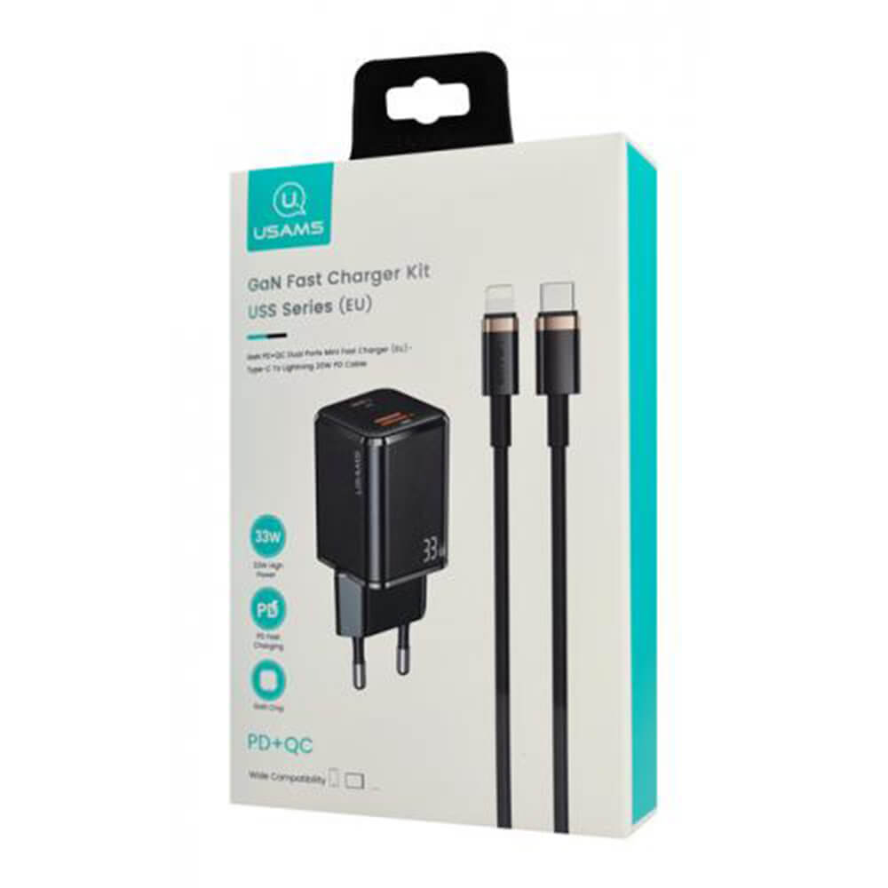 Usams Travel Charger Kit 33W Οικιακός Φορτιστής με 1 Θύρα Type-C και 1 Θύρα USB και καλώδιο Type-C to Lightning 20W - Black - USKTZ01