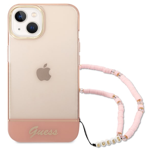 Guess iPhone 14 Pearl Strap Σκληρή Θήκη με Πλαίσιο Σιλικόνης και Λουράκι - Pink / Pearl / Semi Clear - GUHCP14SHGCOHP