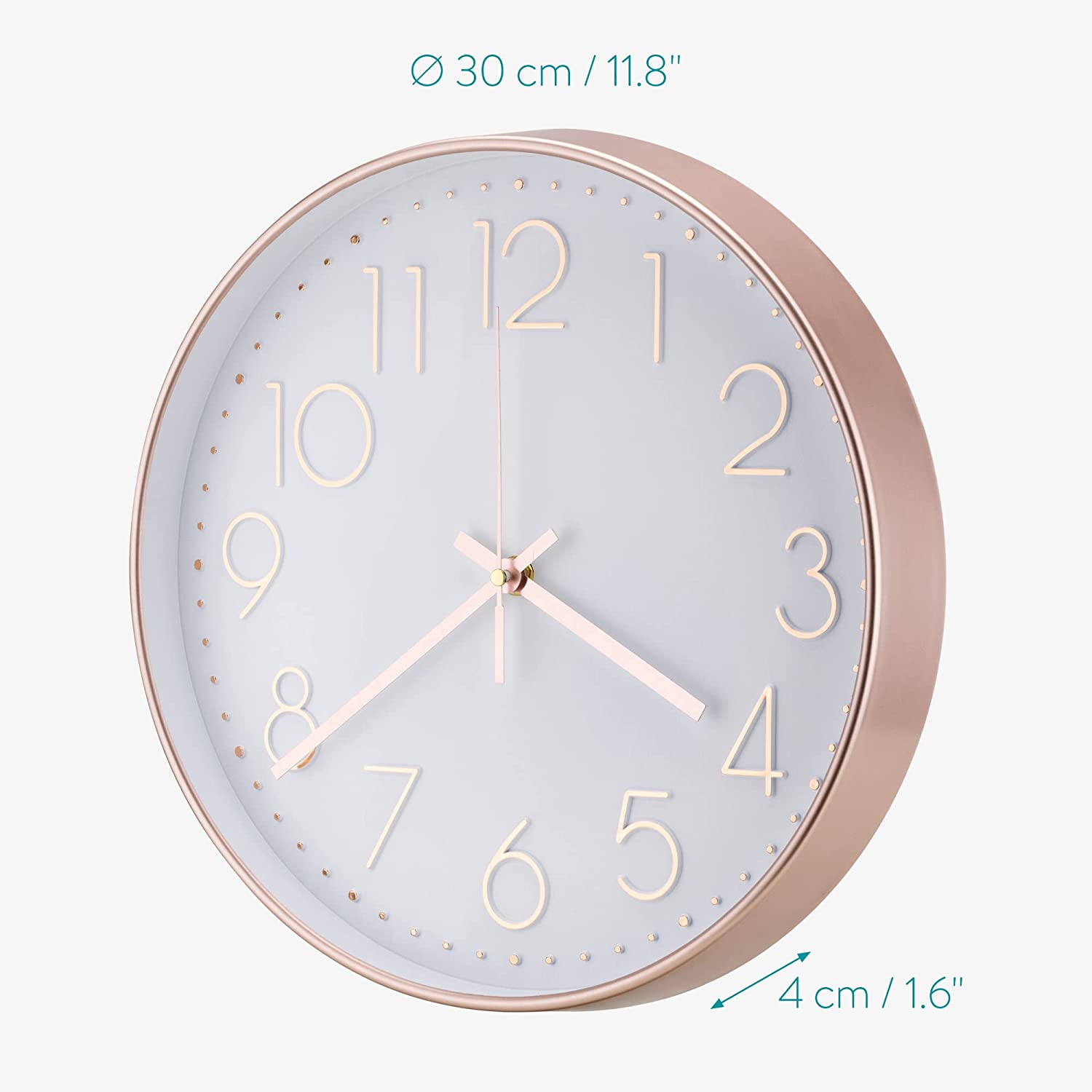 Navaris Analogue Wall Clock Design Round - Ρολόι Tοίχου από Πλαστικό και Γυαλί - White / Rose Gold - 54996.81.02