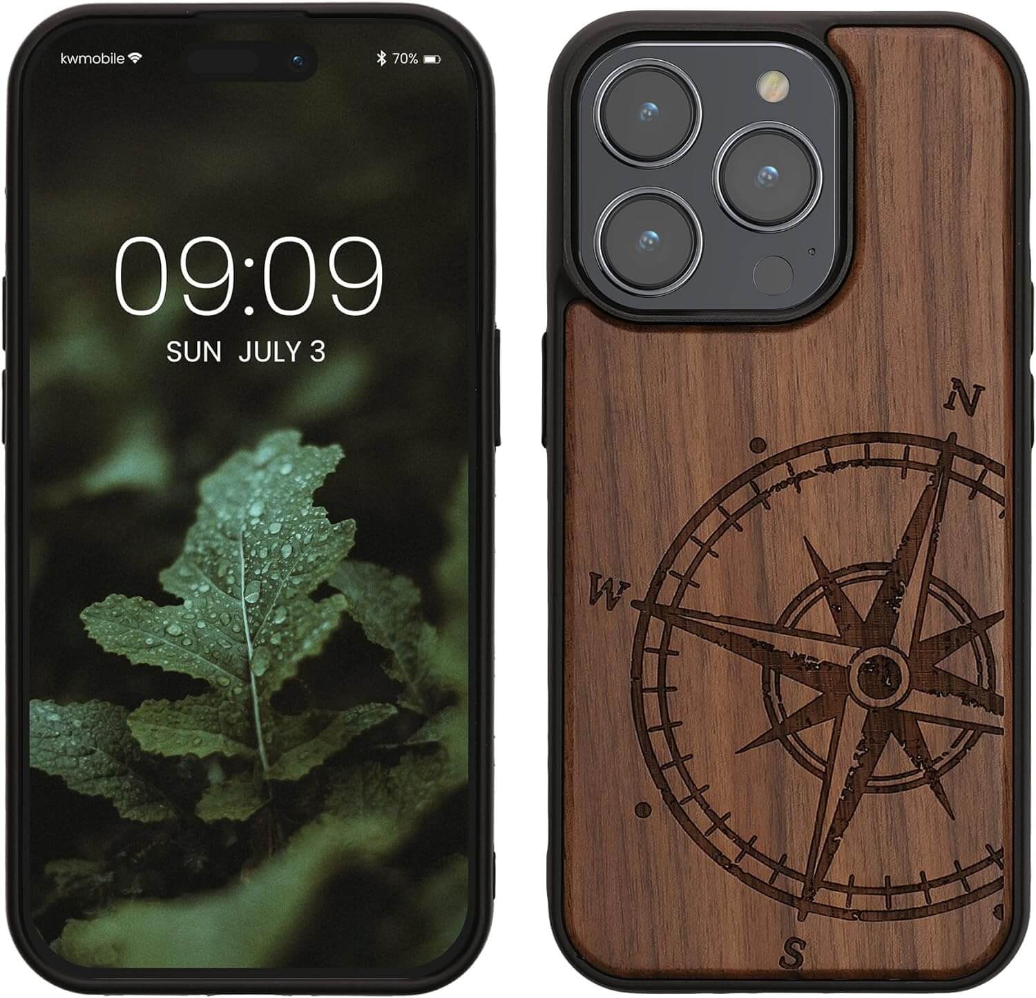 KW iPhone 15 Pro Θήκη από Φυσικό Ξύλο - Design Vintage Compass - Dark Brown - 62013.01
