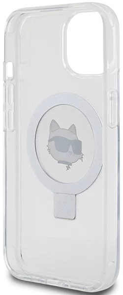 Karl Lagerfeld iPhone 15 Ring Stand Choupette Head MagSafe Σκληρή Θήκη με Πλαίσιο Σιλικόνης και MagSafe - Διάφανη / Silver - KLHMP15SHMRSCHH