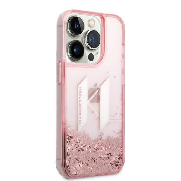Karl Lagerfeld iPhone 14 Pro Max - Liquid Glitter Big KL Σκληρή Θήκη με Πλαίσιο Σιλικόνης - Διάφανη / Pink - KLHCP14XLBKLCP