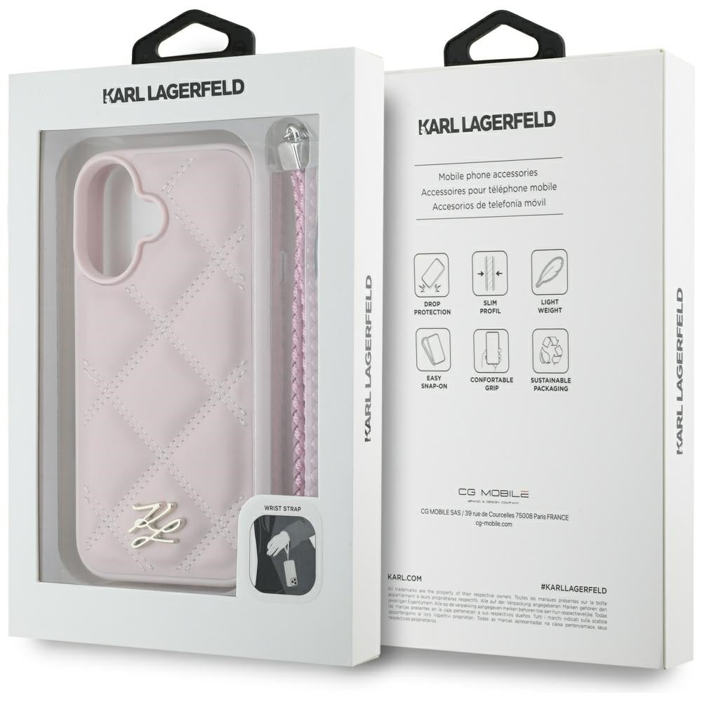 Karl Lagerfeld iPhone 16 - Quilted Initial Logo and Chain Strap - Θήκη με Επένδυση Συνθετικού Δέρματος και Λουράκι - Pink - KLHCP16SPSQSKLSMSP