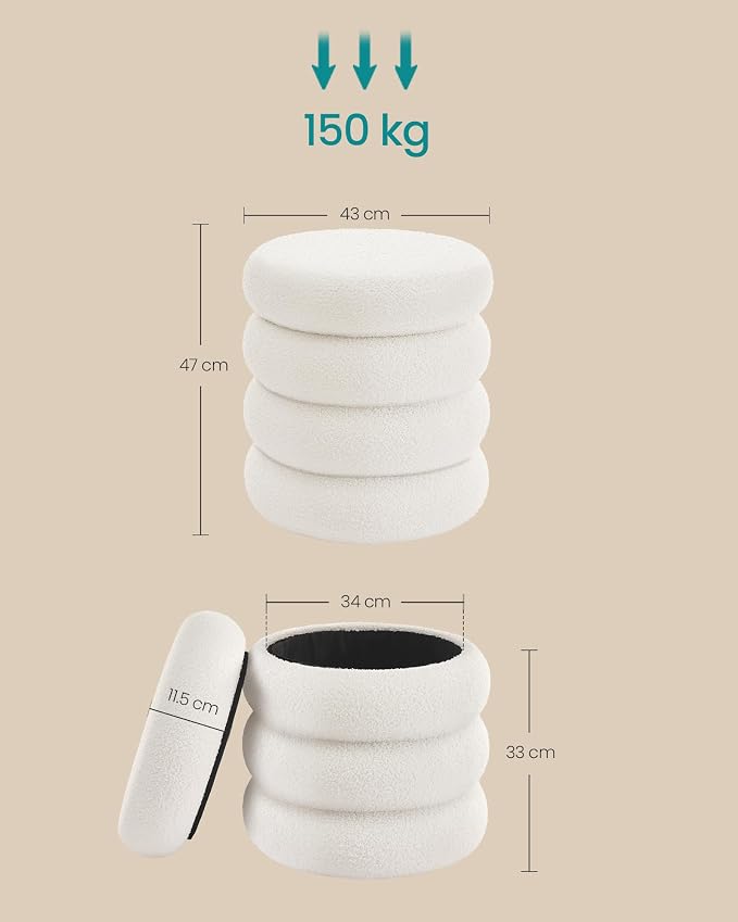 Songmics Σκαμπό με Αποθηκευτικό Χώρο και Επένδυση Fleece - 43 x 47 cm - White - LOM015WD01