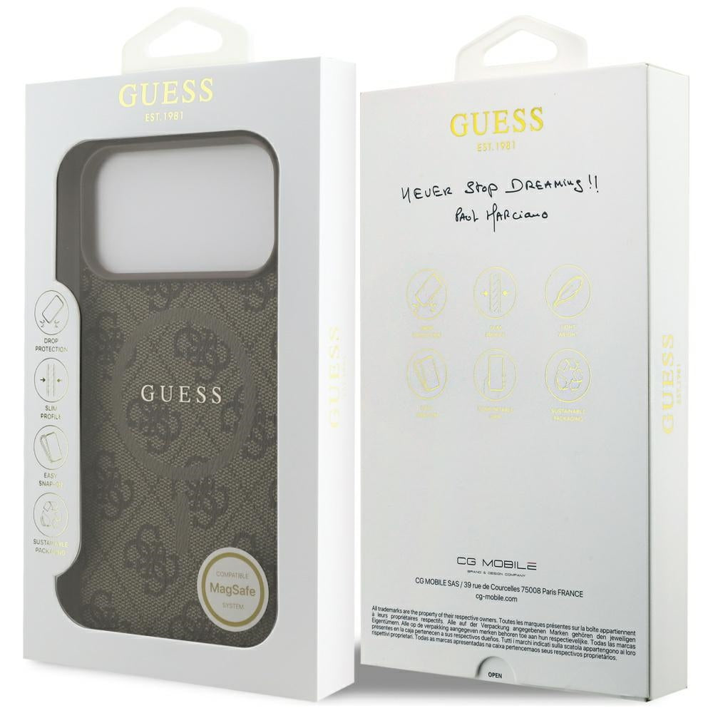 Guess iPhone 17 Pro Max - 4G Ring Classic Logo MagSafe - Σκληρή Θήκη με Πλαίσιο Σιλικόνης και Επένδυση Συνθετικού Δέρματος - Brown - GUHMP17XG4GFRW