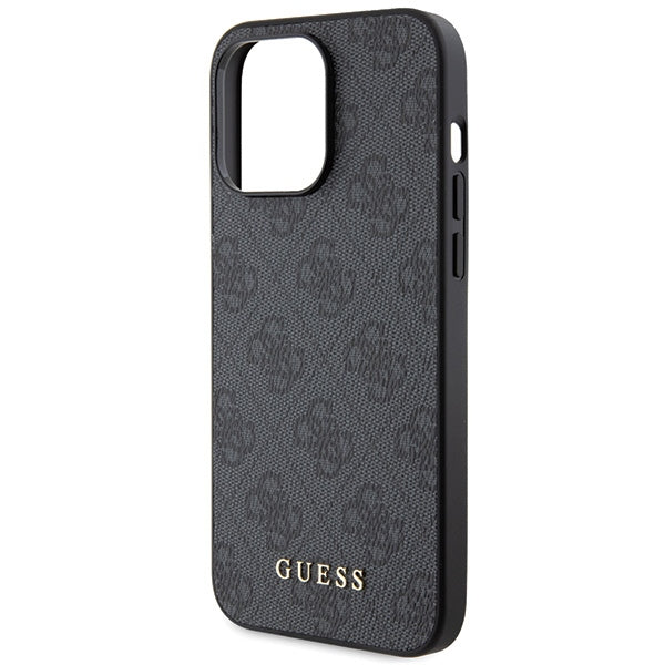 Guess iPhone 15 Pro Max - 4G Metal Gold Logo Σκληρή Θήκη με Επένδυση Συνθετικού Δέρματος - Grey - GUHCP15XG4GFGR