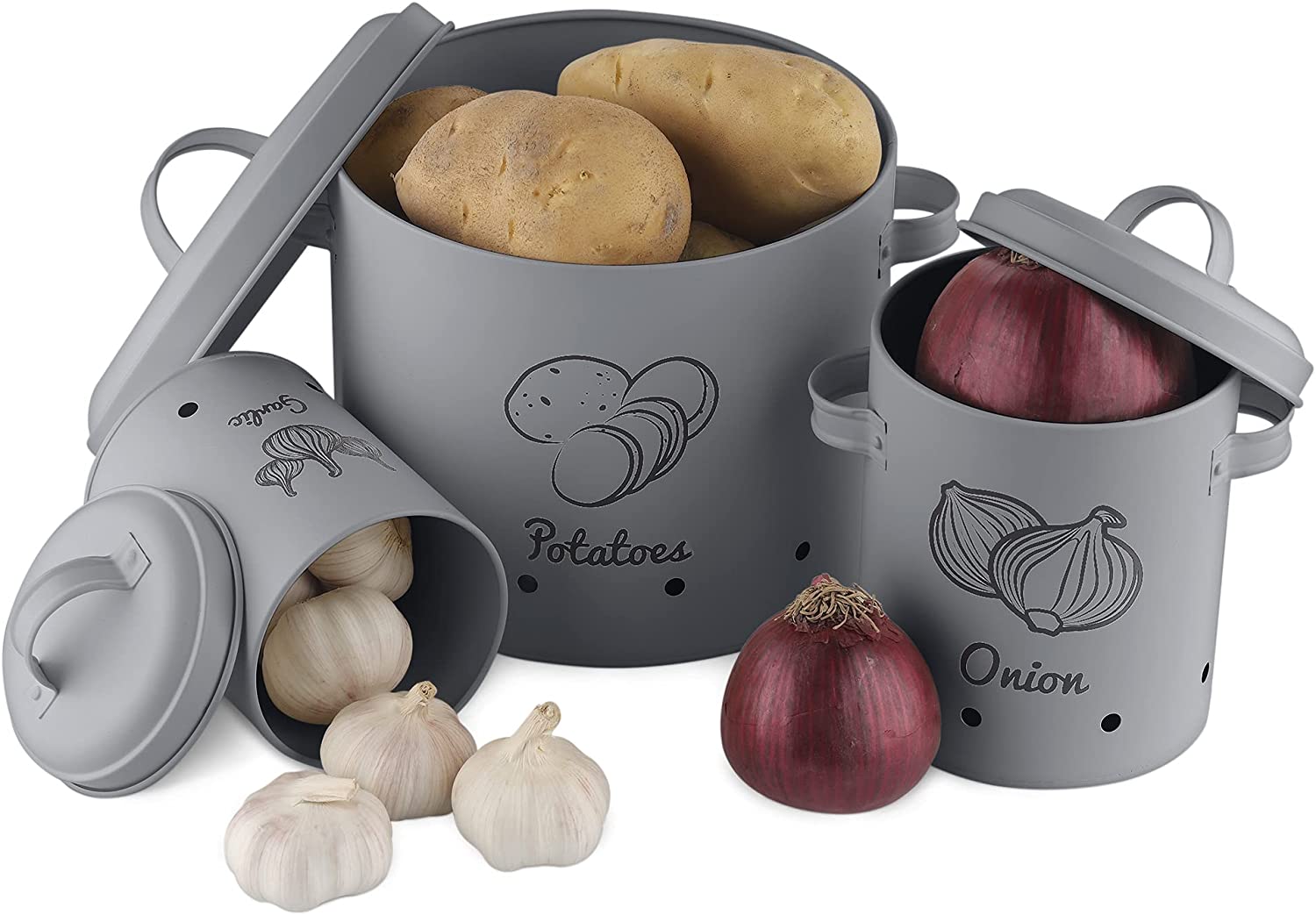 Navaris Σετ με 3 Σιδερένια Δοχεία Αποθήκευσης Λαχανικών - Dark Grey - 51525.01.19