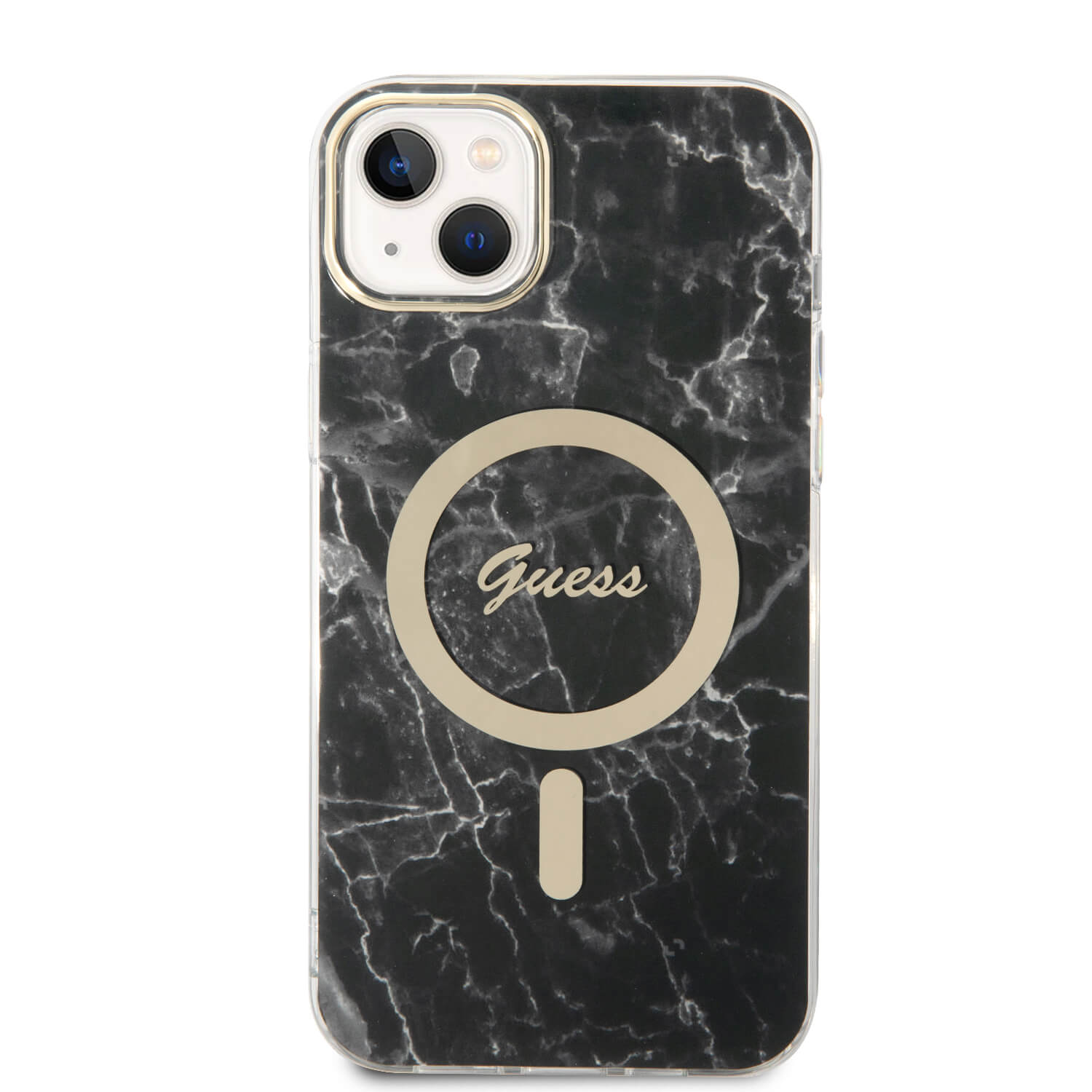 Guess iPhone 15 Plus / 14 Plus - Bundle Pack - Σετ Σκληρή Θήκη με Πλαίσιο Σιλικόνης και Ασύρματος Φορτιστής MagSafe - Design Marble MagSafe - Black - GUBPP14MHMEACSK
