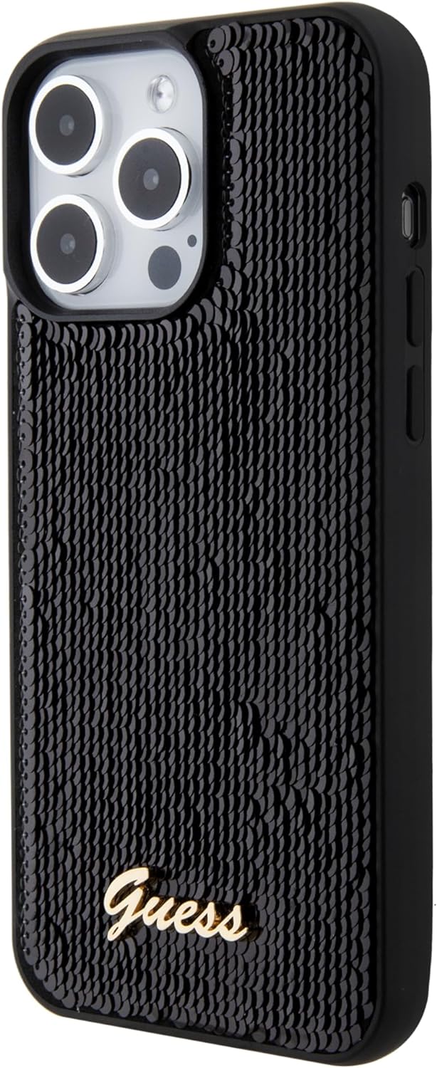 Guess iPhone 15 Pro - Sequin Script Metal Σκληρή Θήκη με Επένδυση από Παγέτες - Black - GUHCP15LPSFDGSK