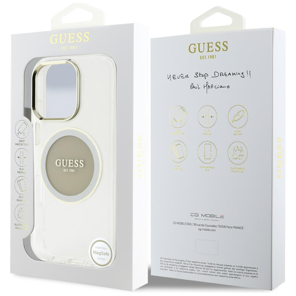 Guess iPhone 16 Pro IML Metal Colored Circle Classic Logo MagSafe Σκληρή Θήκη με Πλαίσιο Σιλικόνης και MagSafe - Grey - GUHMP16LHTDRCEDG