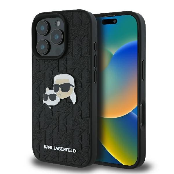 Karl Lagerfeld iPhone 16 Pro Max - Monogram Karl and Choupette Head Pin Σκληρή Θήκη με Επένδυση Συνθετικού Δέρματος - Black - KLHCP16XPGKLKCPK