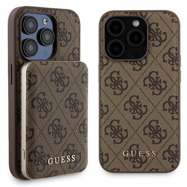Guess iPhone 15 Pro - 4G Metal Logo Σετ MagSafe Σκληρή Θήκη με Επένδυση Συνθετικού Δέρματος και Powerbank 5000mAh - Brown - GUBPM5P15L4GEMGW