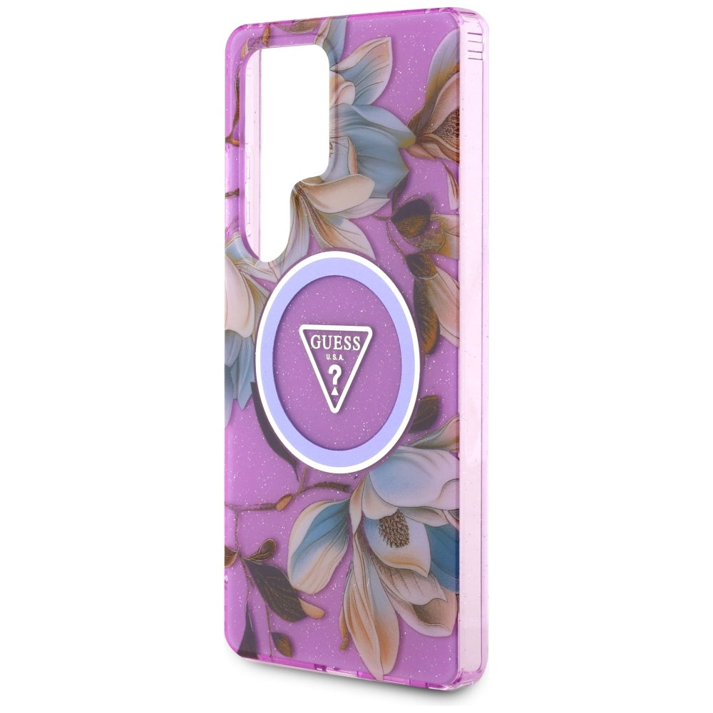 Guess Samsung Galaxy S25 Ultra - Glitter Flowers Triangle Buttons MagSafe - Σκληρή Θήκη με Πλαίσιο Σιλικόνης - Purple - GUHMS25LHFLPEDU