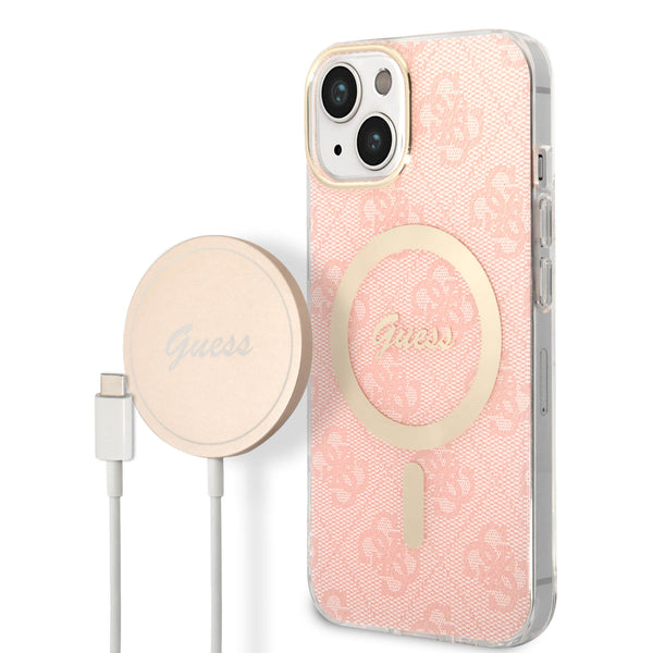 Guess iPhone 15 / 14 / 13 - Bundle Pack - Σετ Σκληρή Θήκη με Πλαίσιο Σιλικόνης και Ασύρματος Φορτιστής MagSafe - Design 4G Print MagSafe - Pink - GUBPP14SH4EACSP