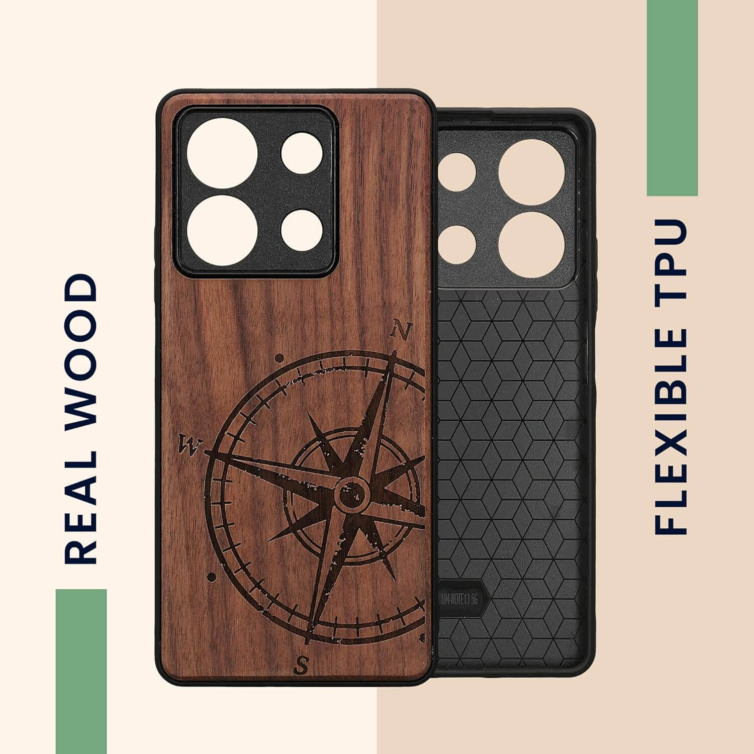 KW Xiaomi Redmi Note 13 5G Θήκη από Φυσικό Ξύλο - Design Compass Vintage - Dark Brown