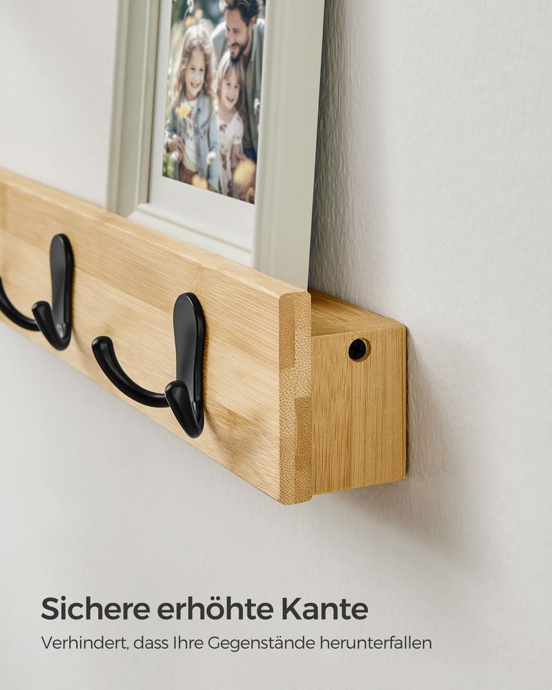Songmics Επιτοίχια Ξύλινη Κρεμάστρα από Μπαμπού με 5 Μεταλλικούς Γάντζους και Ράφι - Natural Beige - LCR005N01