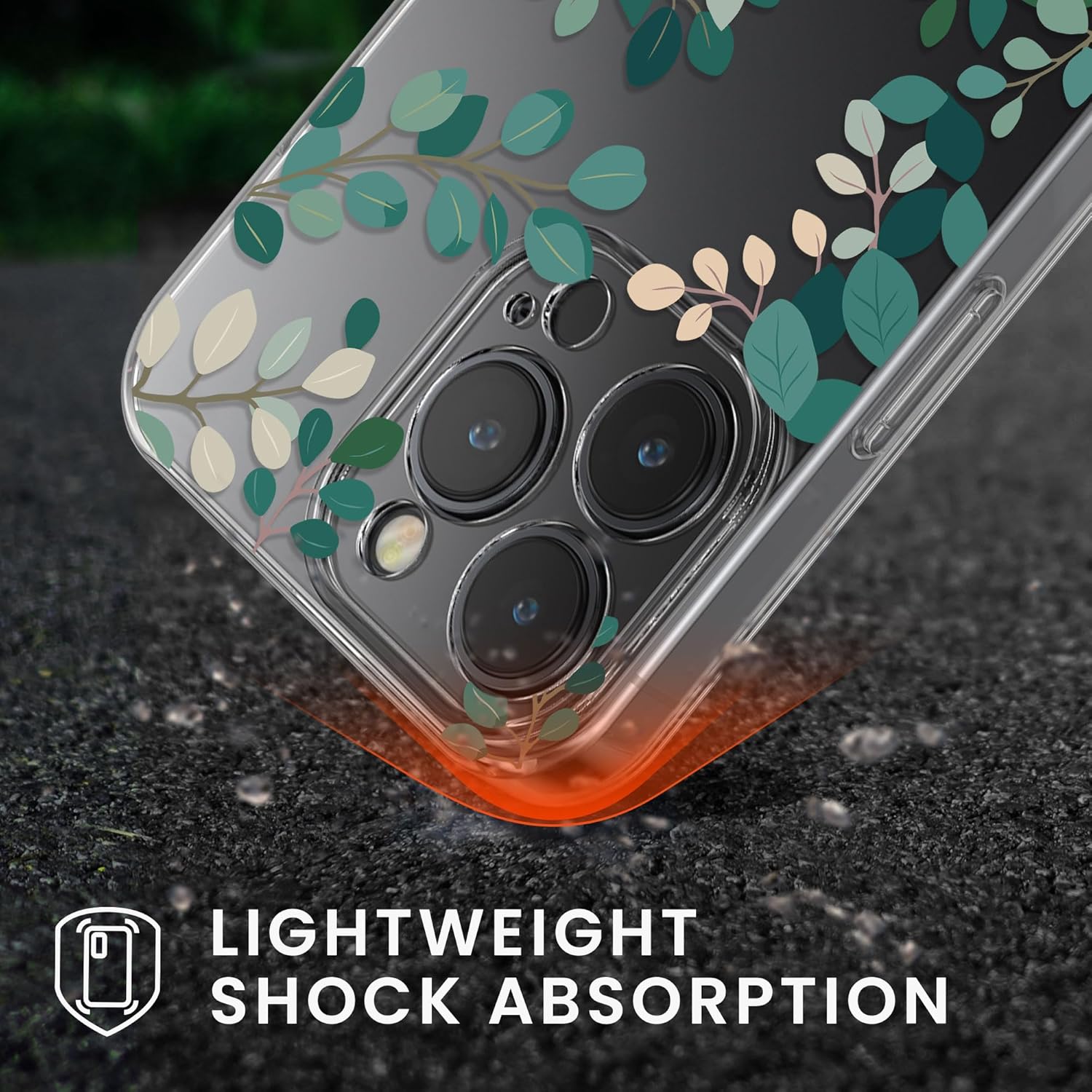 KW iPhone 15 Pro Θήκη Σιλικόνης TPU με Αντιχαρακτικό Γυαλί - Design Spring Leaves - Green / Διάφανη